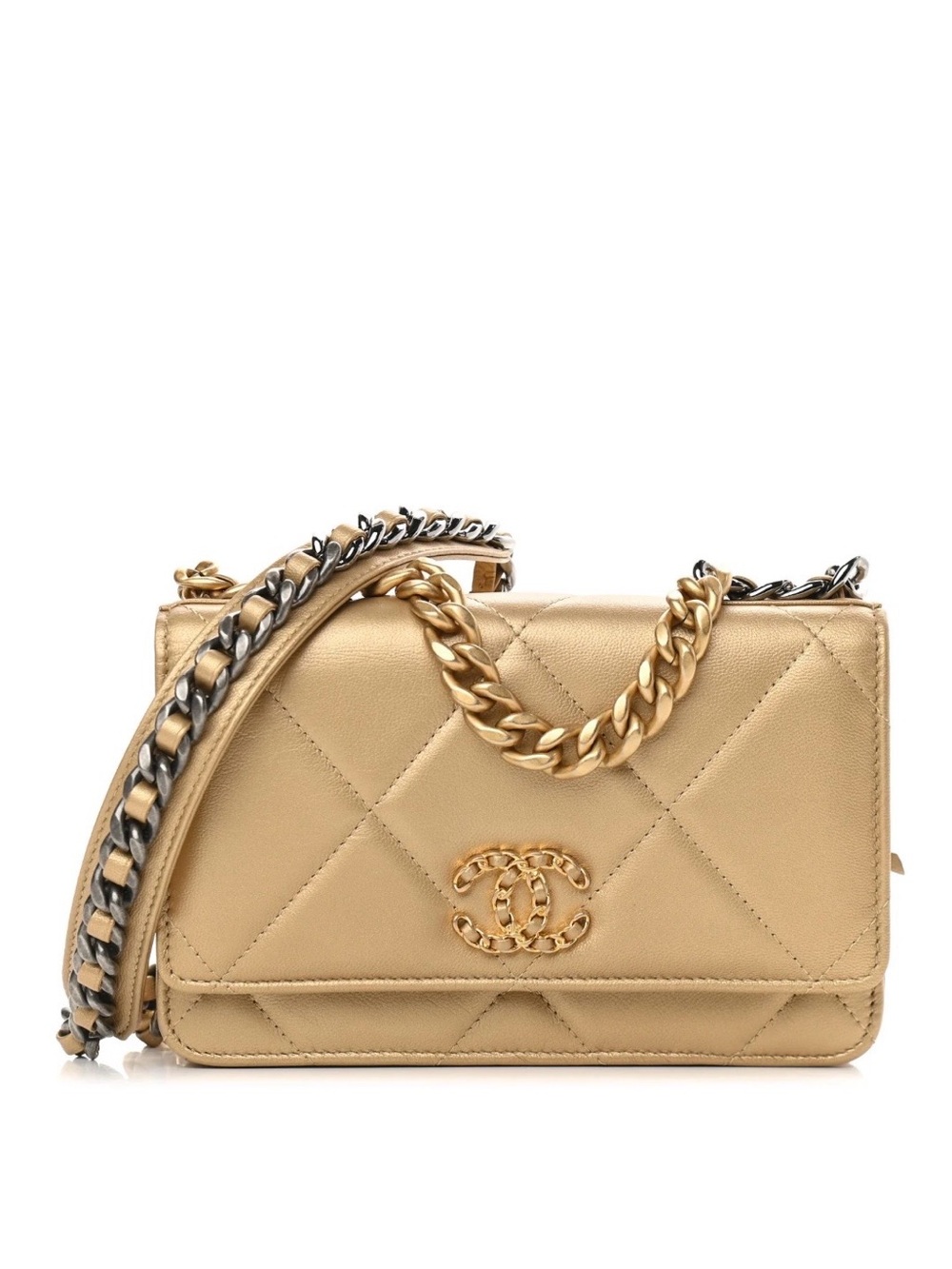 CHANEL Metallic Gold Quilted Mini Crossbody Wallet